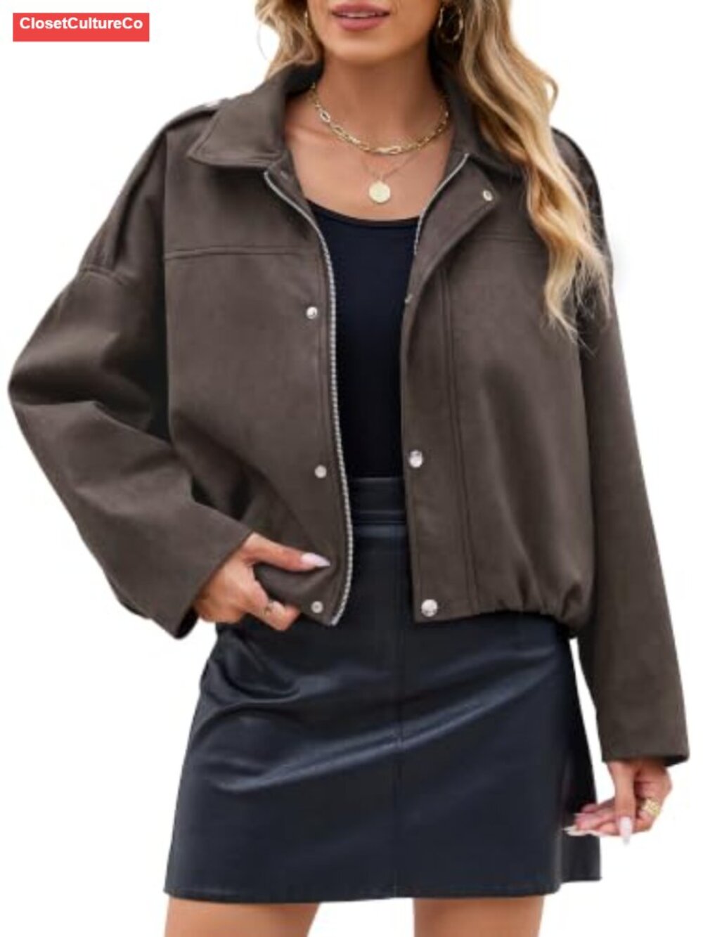 Faux Suede Cropped Bomber Jacket Oversized Batwing Sleeve Fall Winter